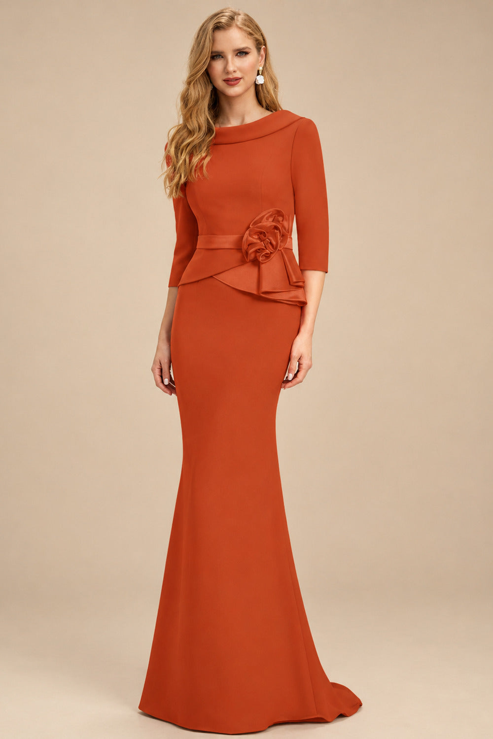 Rutipo Burnt Orange Sheath/Column Elastic Satin Mother Of The Bride Dresses With Flower(s)