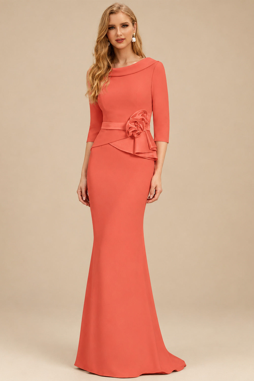 Rutipo Papaya Sheath/Column Elastic Satin Mother Of The Bride Dresses With Flower(s)