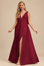 Rutipo Burgundy V-Neck Satin A-Line Mother Of The Bride Dresses With Bow