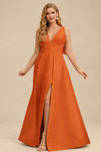 Rutipo Burnt Orange V-Neck Satin A-Line Mother Of The Bride Dresses With Bow