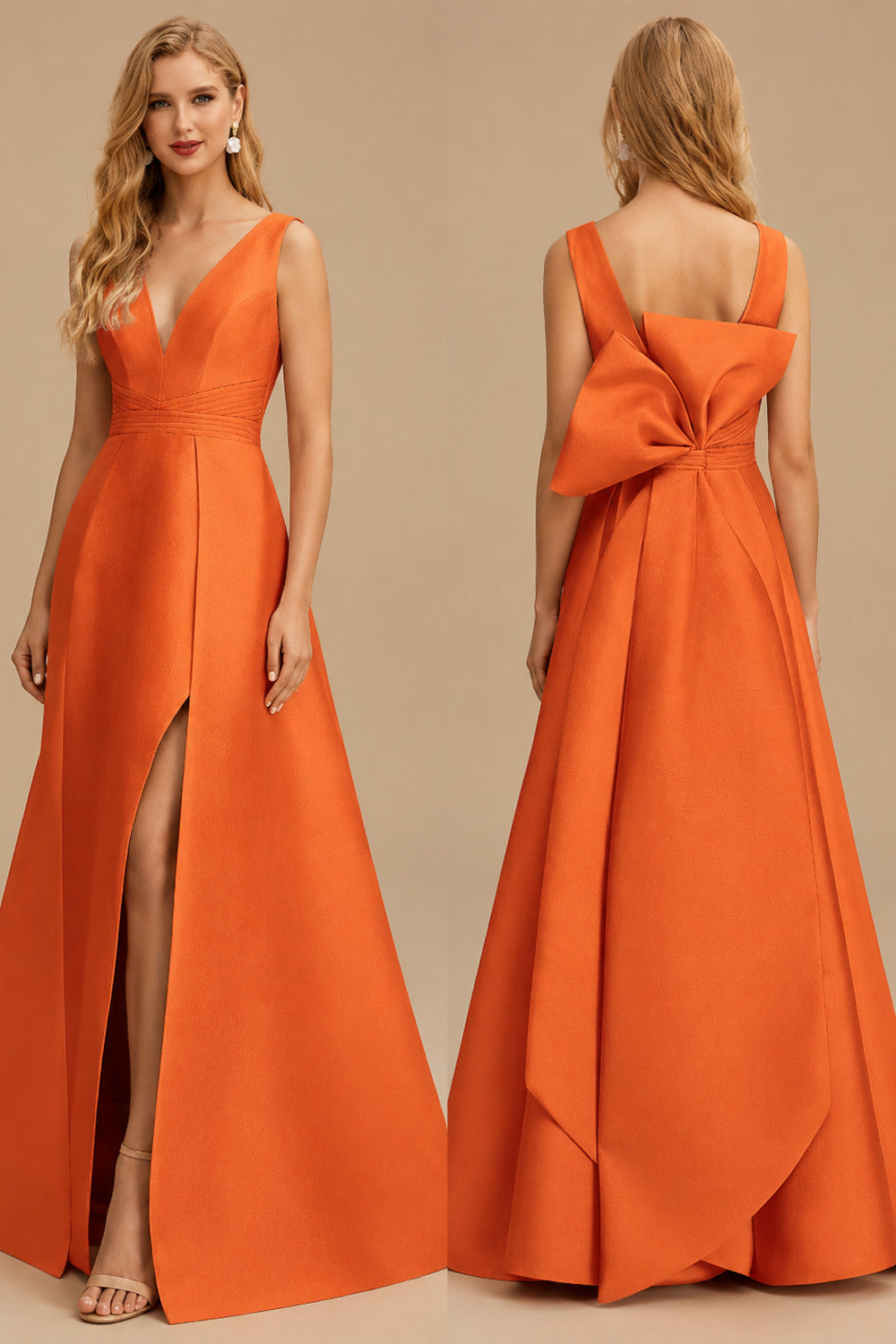 Rutipo Burnt Orange V-Neck Satin A-Line Mother Of The Bride Dresses With Bow