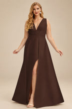 Rutipo Chocolate V-Neck Satin A-Line Mother Of The Bride Dresses With Bow