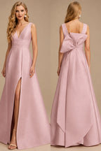 Rutipo Dusty Rose V-Neck Satin A-Line Mother Of The Bride Dresses With Bow