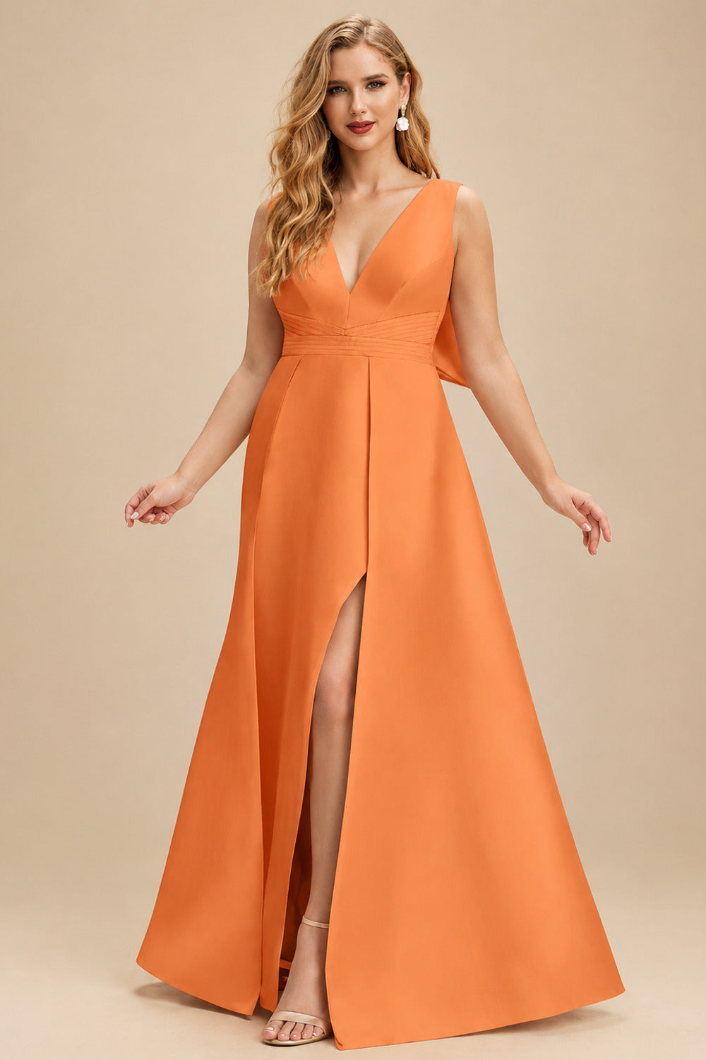 Rutipo Orange V-Neck Satin A-Line Mother Of The Bride Dresses With Bow