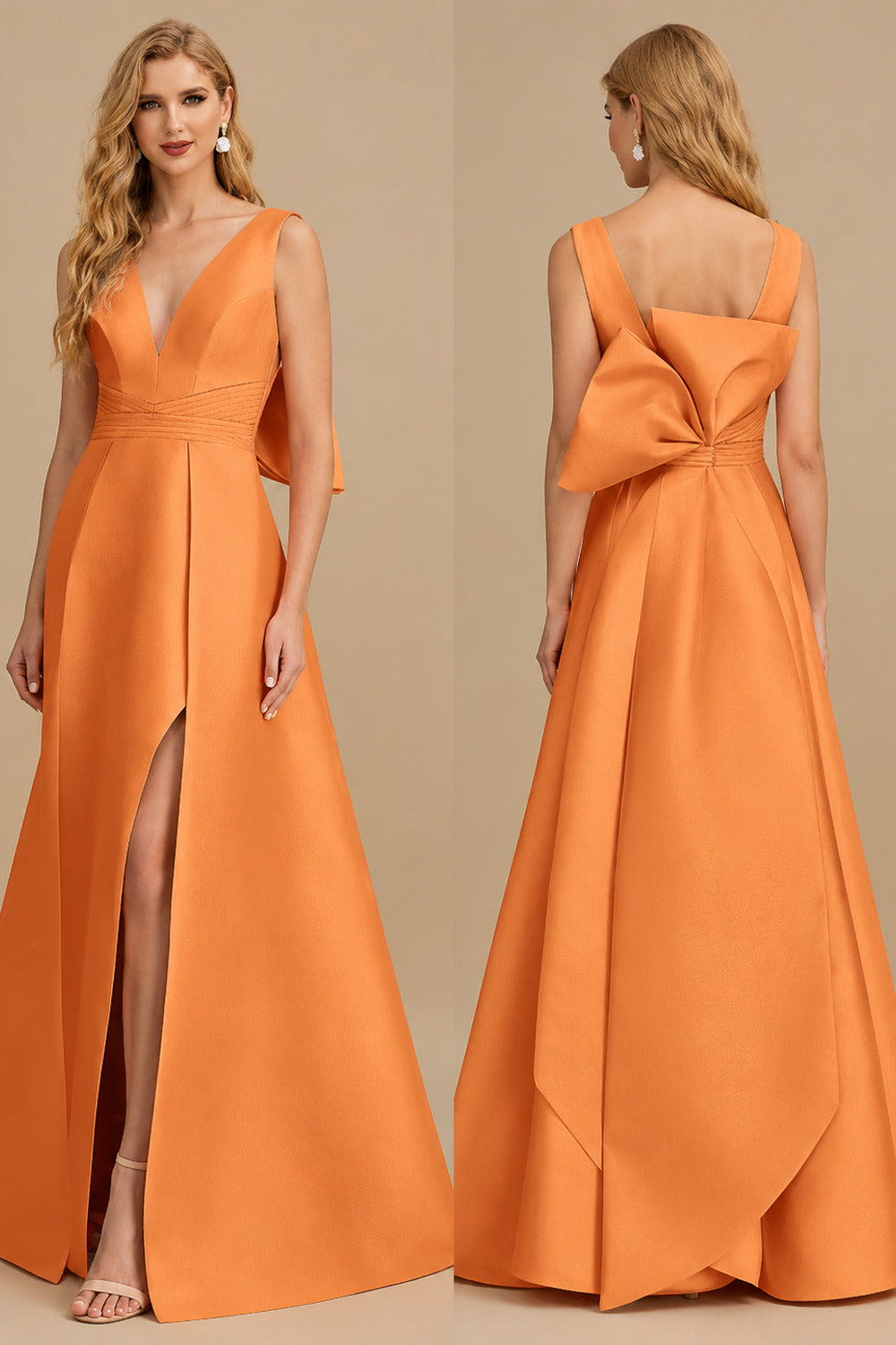 Rutipo Orange V-Neck Satin A-Line Mother Of The Bride Dresses With Bow