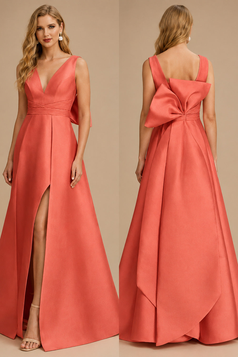 Rutipo Papaya V-Neck Satin A-Line Mother Of The Bride Dresses With Bow