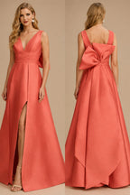 Rutipo Papaya V-Neck Satin A-Line Mother Of The Bride Dresses With Bow