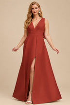Rutipo Vermilion V-Neck Satin A-Line Mother Of The Bride Dresses With Bow