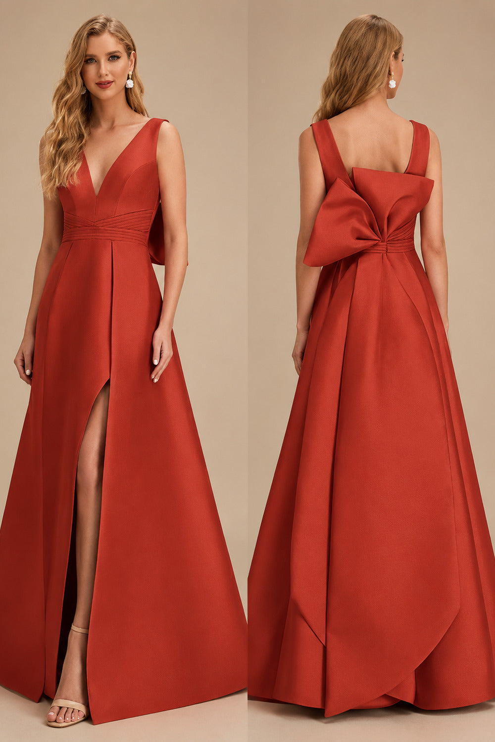 Rutipo Vermilion V-Neck Satin A-Line Mother Of The Bride Dresses With Bow