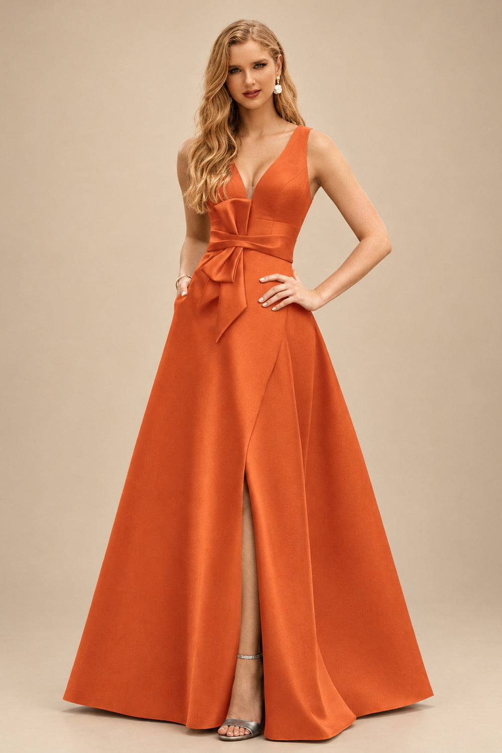 Rutipo Burnt Orange A-Line V-Neck Sleeveless Floor-Length Satin Mother Of The Bride Dresses With Bow(s)