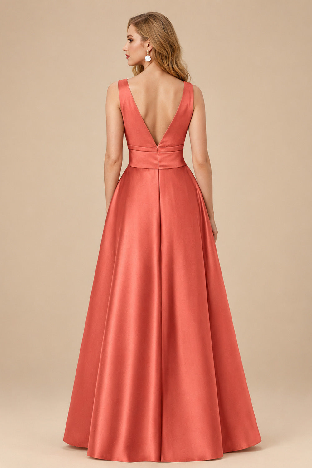 Rutipo Papaya A-Line V-Neck Sleeveless Floor-Length Satin Mother Of The Bride Dresses With Bow(s)