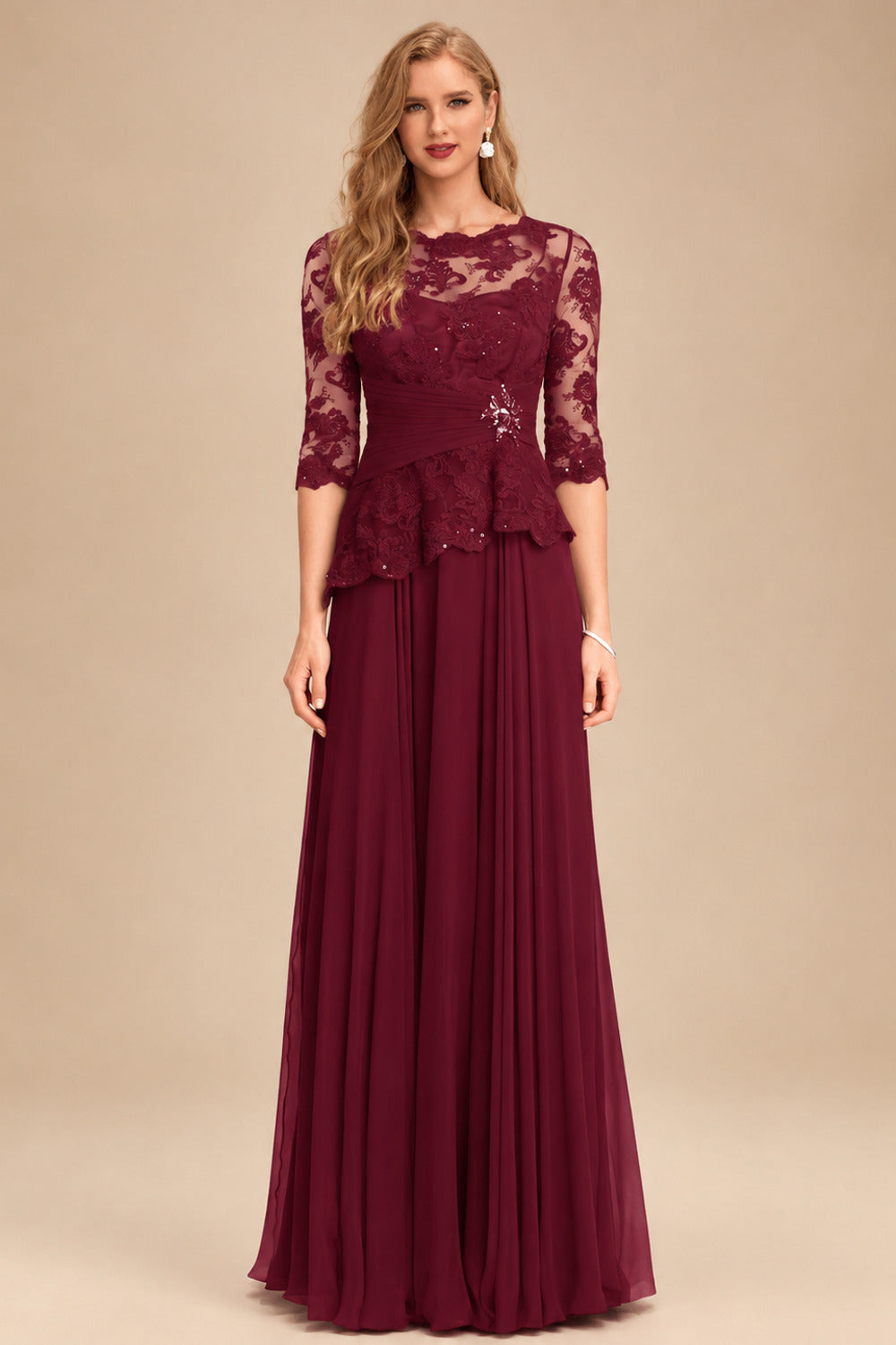 Rutipo Burgundy A-Line Scoop Neck 3/4 Sleeves Floor-Length Chiffon/Lace Mother Of The Bride Dresses