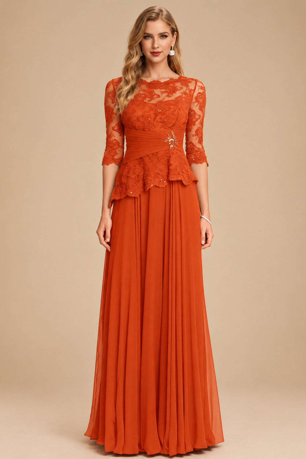 Rutipo Burnt Orange A-Line Scoop Neck 3/4 Sleeves Floor-Length Chiffon/Lace Mother Of The Bride Dresses