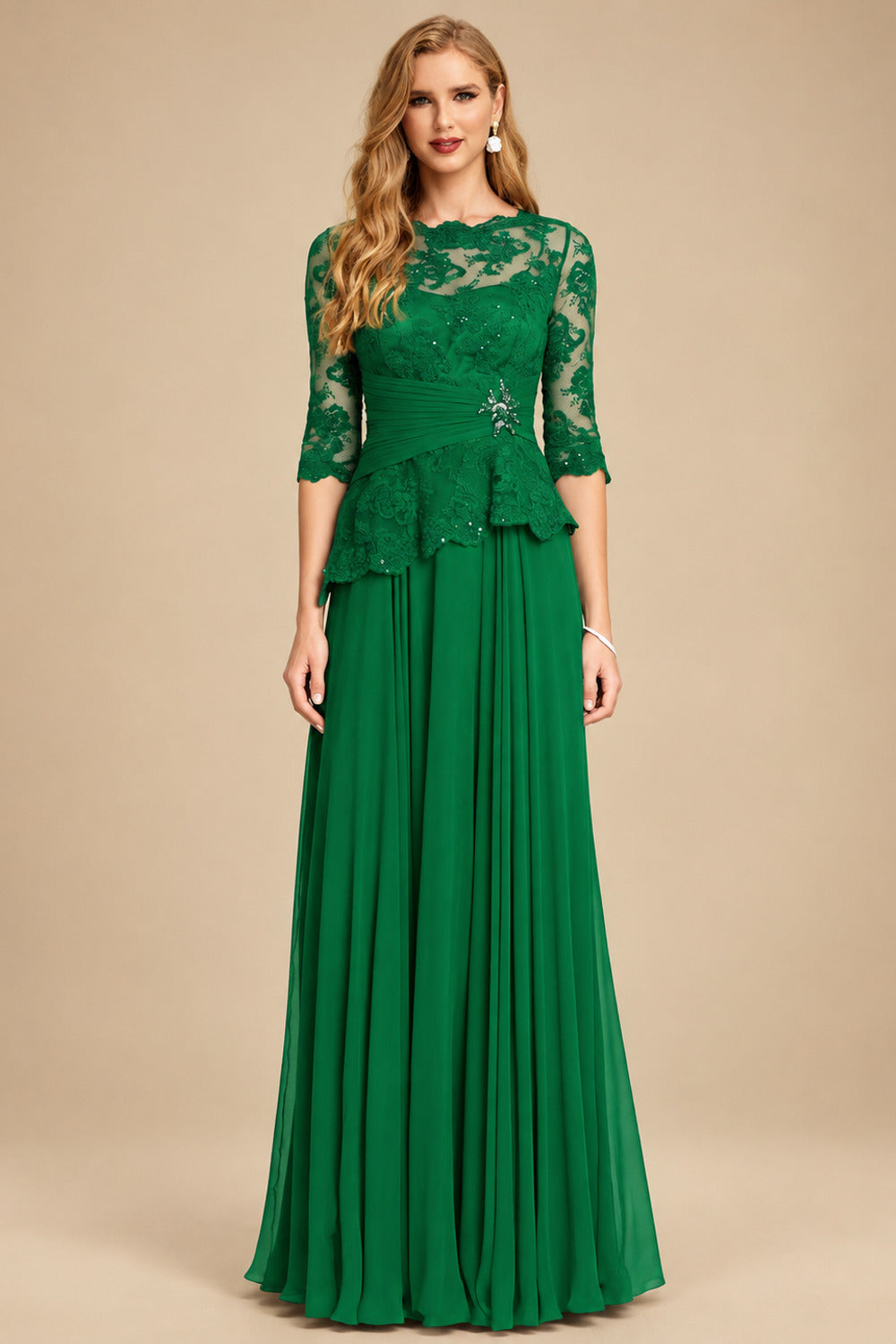 Rutipo Forest Green A-Line Scoop Neck 3/4 Sleeves Floor-Length Chiffon/Lace Mother Of The Bride Dresses