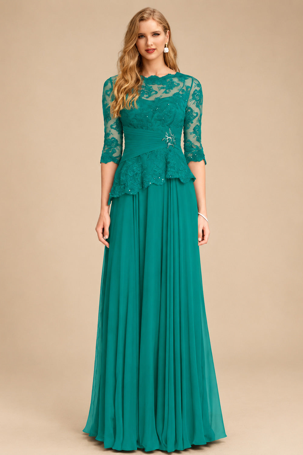 Rutipo Jade A-Line Scoop Neck 3/4 Sleeves Floor-Length Chiffon/Lace Mother Of The Bride Dresses