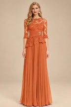 Rutipo Orange A-Line Scoop Neck 3/4 Sleeves Floor-Length Chiffon/Lace Mother Of The Bride Dresses