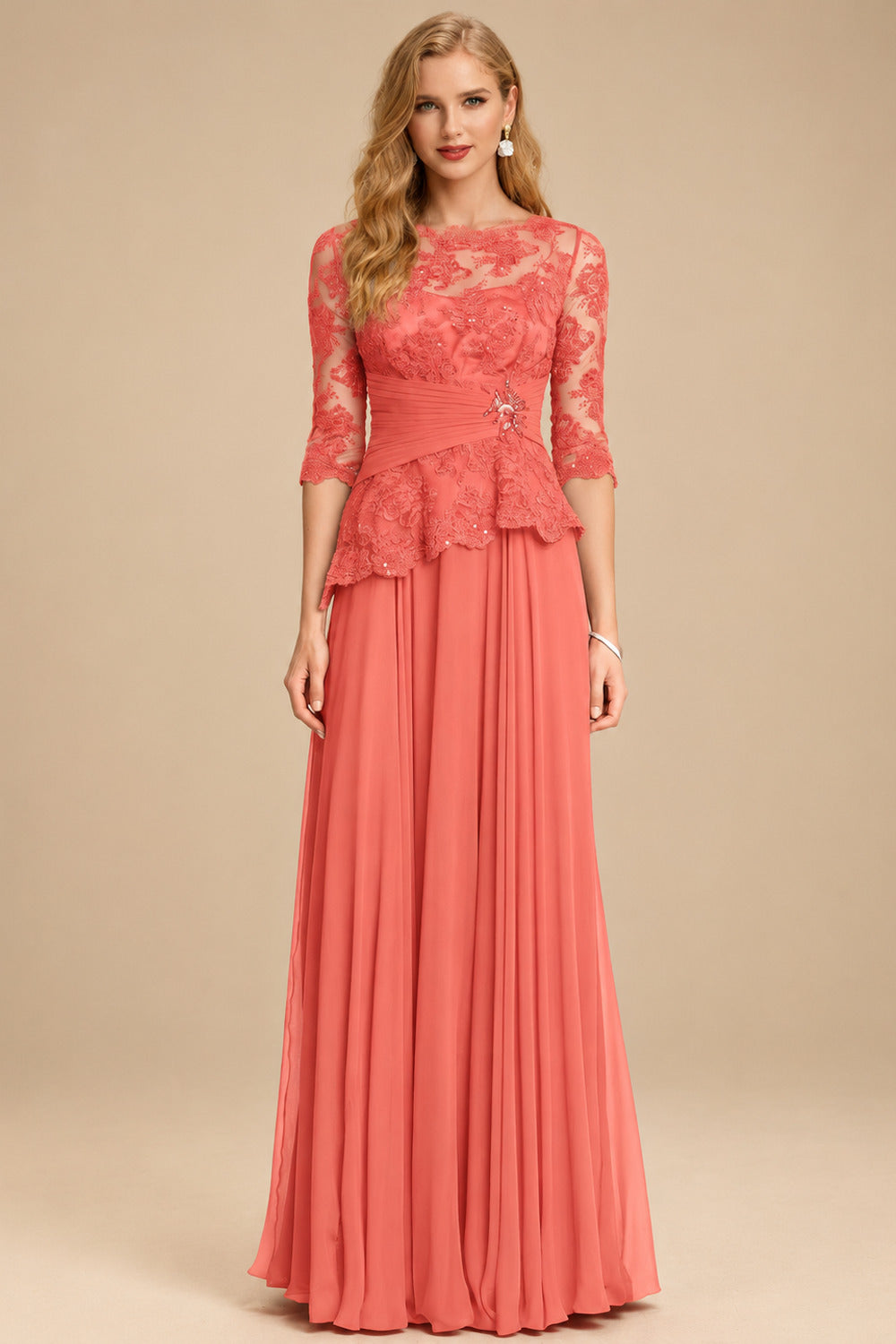 Rutipo Papaya A-Line Scoop Neck 3/4 Sleeves Floor-Length Chiffon/Lace Mother Of The Bride Dresses