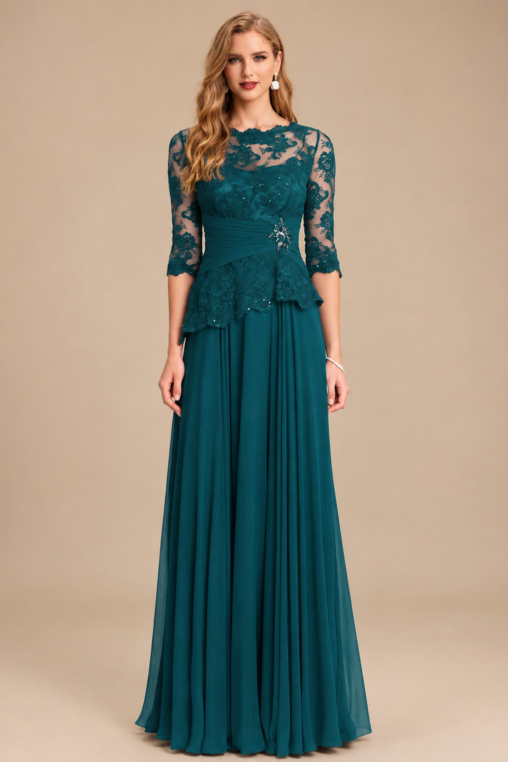Rutipo Peacock A-Line Scoop Neck 3/4 Sleeves Floor-Length Chiffon/Lace Mother Of The Bride Dresses
