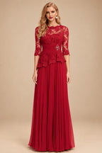 Rutipo Red A-Line Scoop Neck 3/4 Sleeves Floor-Length Chiffon/Lace Mother Of The Bride Dresses