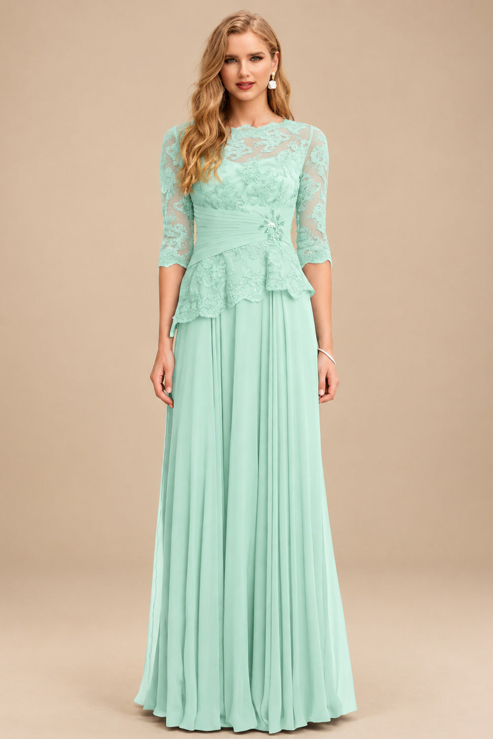 Rutipo Sage Green A-Line Scoop Neck 3/4 Sleeves Floor-Length Chiffon/Lace Mother Of The Bride Dresses