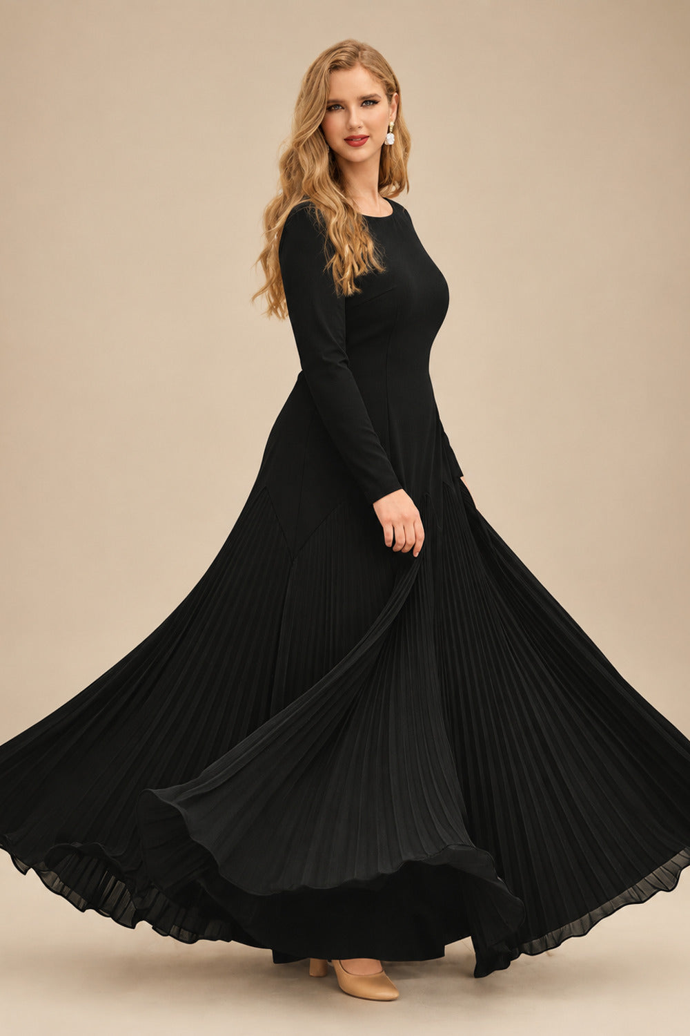 Rutipo Black A-Line Pleated Long Sleeves Floor-Length Chiffon Mother Of The Bride Dresses