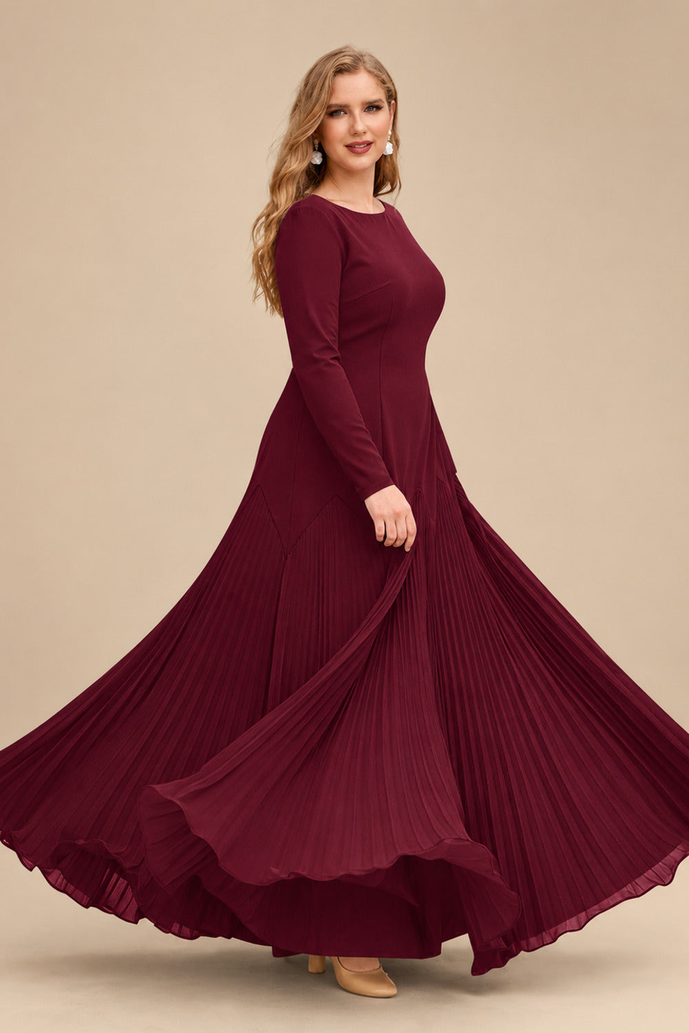 Rutipo Burgundy A-Line Pleated Long Sleeves Floor-Length Chiffon Mother Of The Bride Dresses