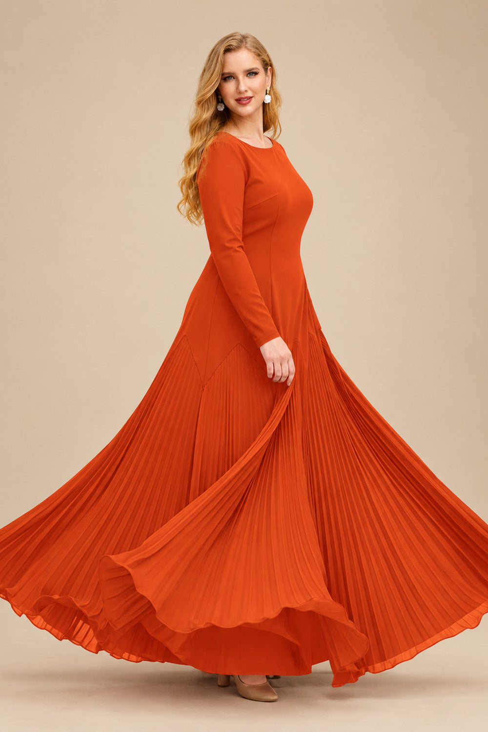 Rutipo Burnt Orange A-Line Pleated Long Sleeves Floor-Length Chiffon Mother Of The Bride Dresses