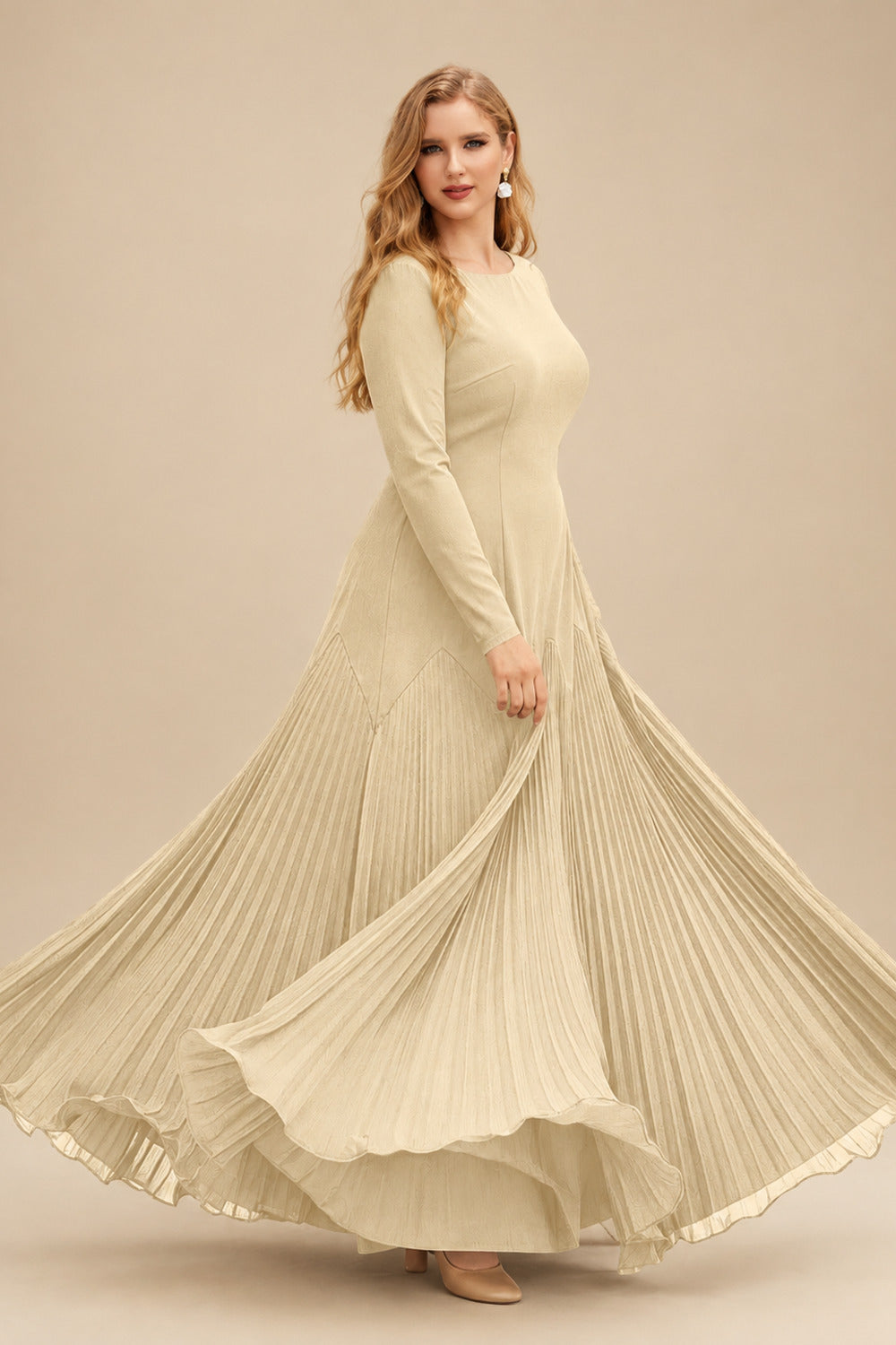 Rutipo Champagne A-Line Pleated Long Sleeves Floor-Length Chiffon Mother Of The Bride Dresses