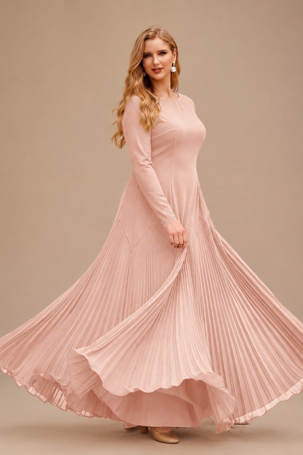 Rutipo Dusty Rose A-Line Pleated Long Sleeves Floor-Length Chiffon Mother Of The Bride Dresses