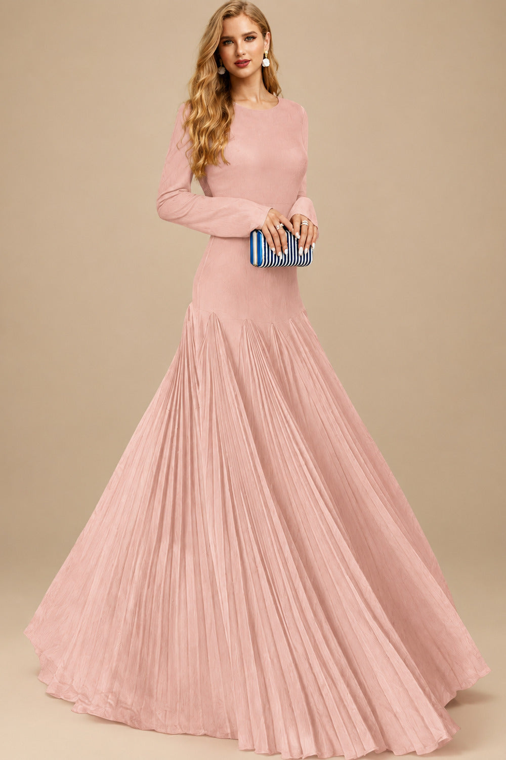 Rutipo Dusty Rose A-Line Pleated Long Sleeves Floor-Length Chiffon Mother Of The Bride Dresses