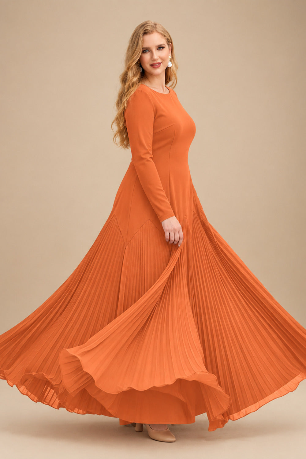 Rutipo Orange A-Line Pleated Long Sleeves Floor-Length Chiffon Mother Of The Bride Dresses