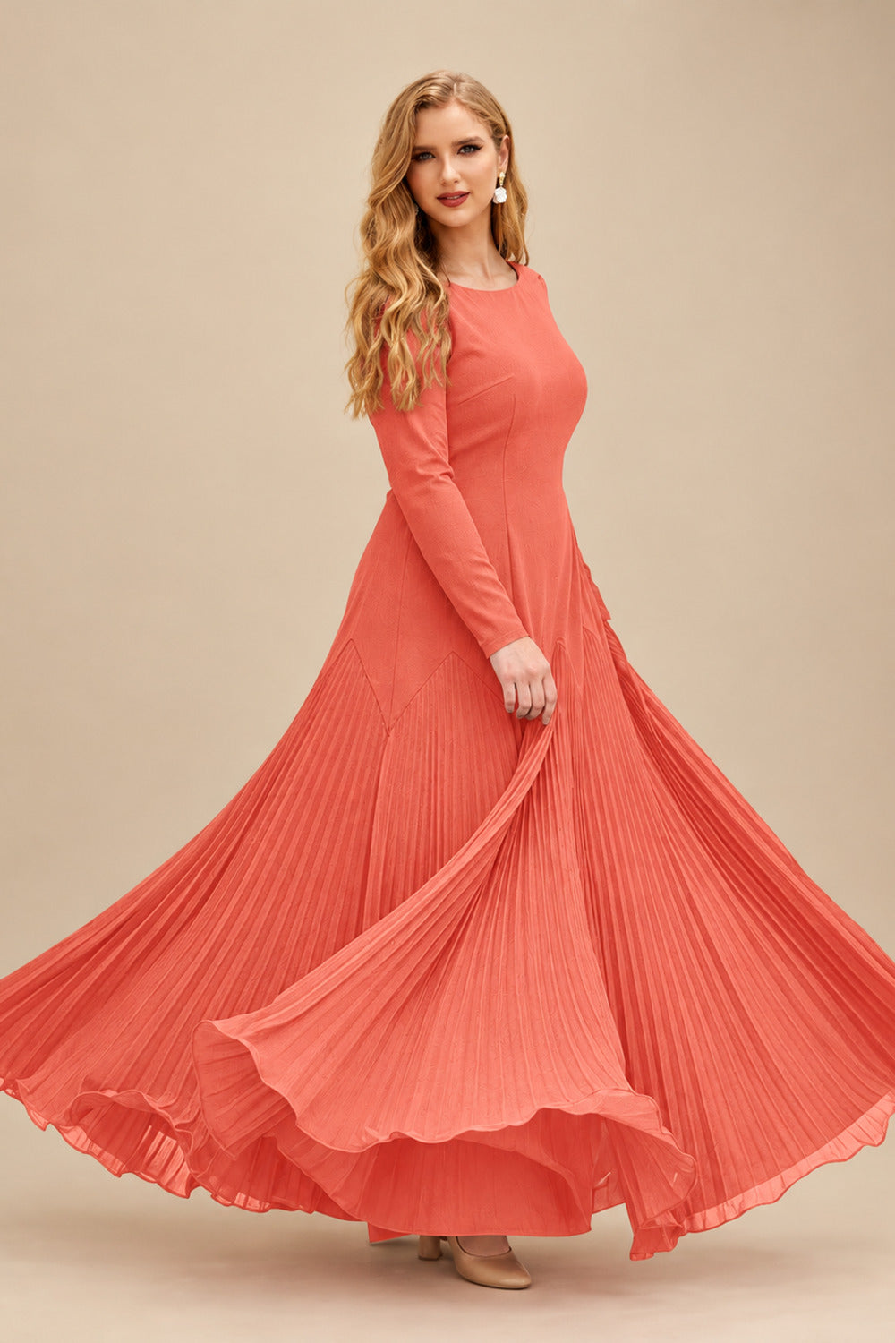 Rutipo Papaya A-Line Pleated Long Sleeves Floor-Length Chiffon Mother Of The Bride Dresses