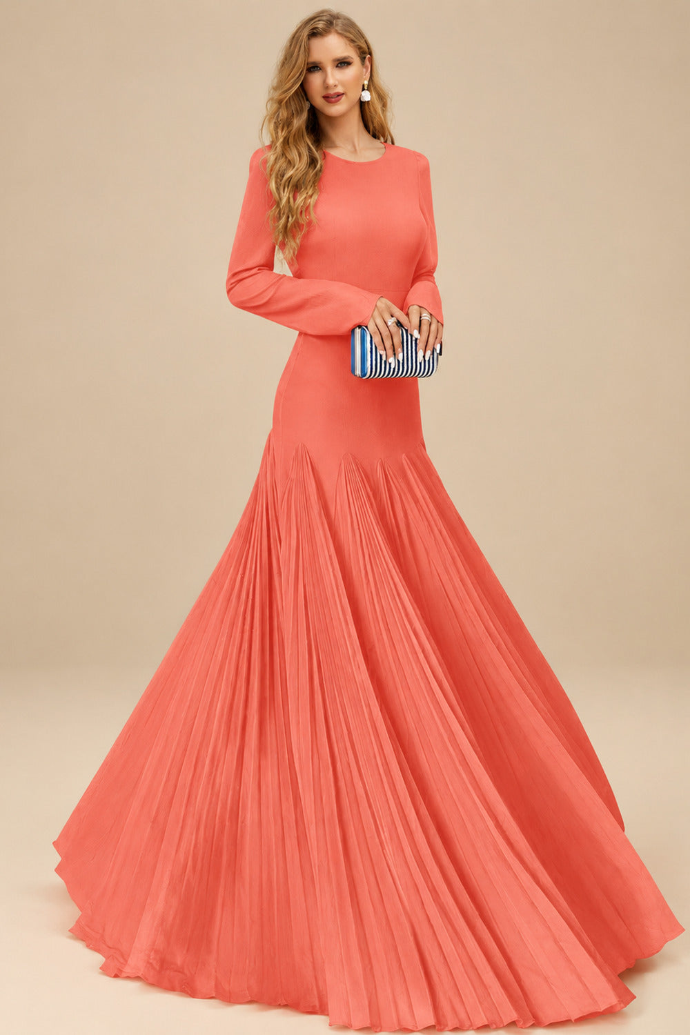 Rutipo Papaya A-Line Pleated Long Sleeves Floor-Length Chiffon Mother Of The Bride Dresses