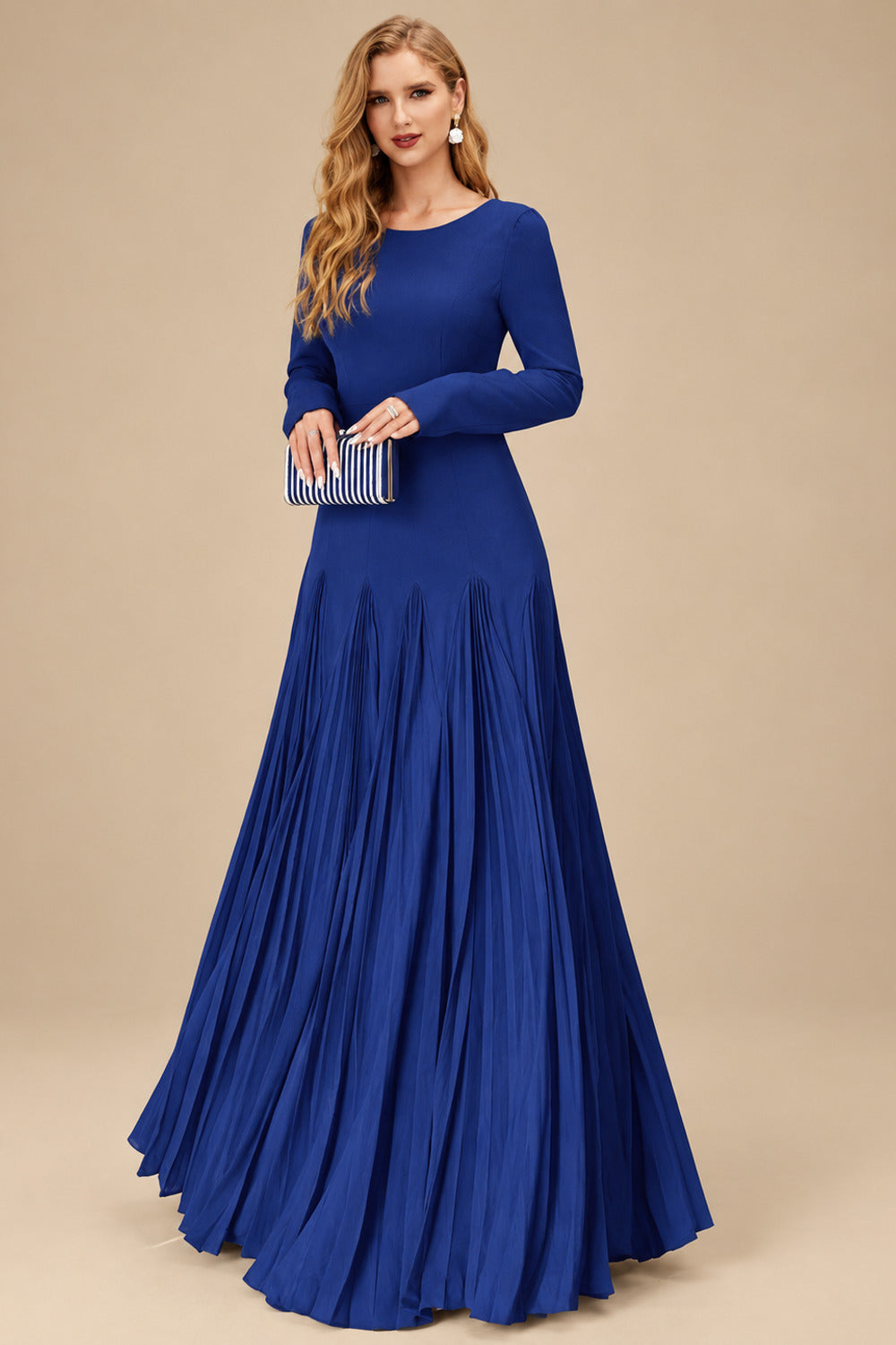Rutipo Royal Blue A-Line Pleated Long Sleeves Floor-Length Chiffon Mother Of The Bride Dresses