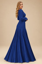 Rutipo Royal Blue A-Line Pleated Long Sleeves Floor-Length Chiffon Mother Of The Bride Dresses