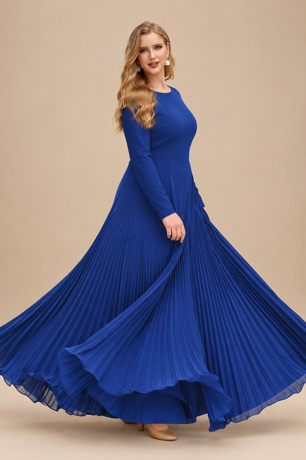 Rutipo Royal Blue A-Line Pleated Long Sleeves Floor-Length Chiffon Mother Of The Bride Dresses