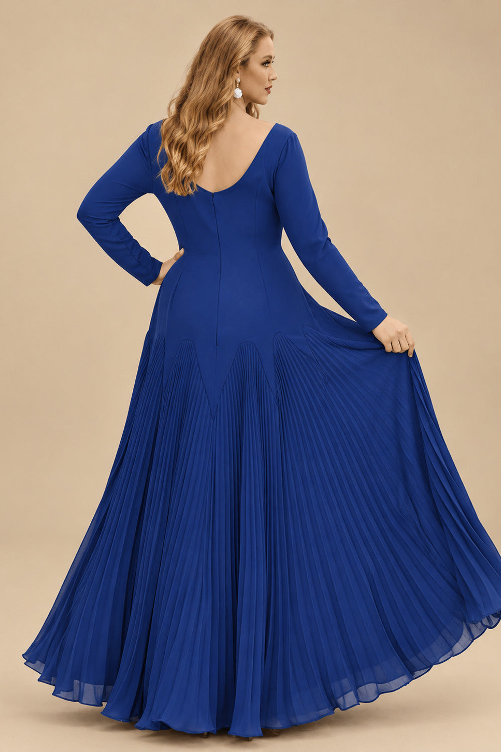 Rutipo Royal Blue A-Line Pleated Long Sleeves Floor-Length Chiffon Mother Of The Bride Dresses