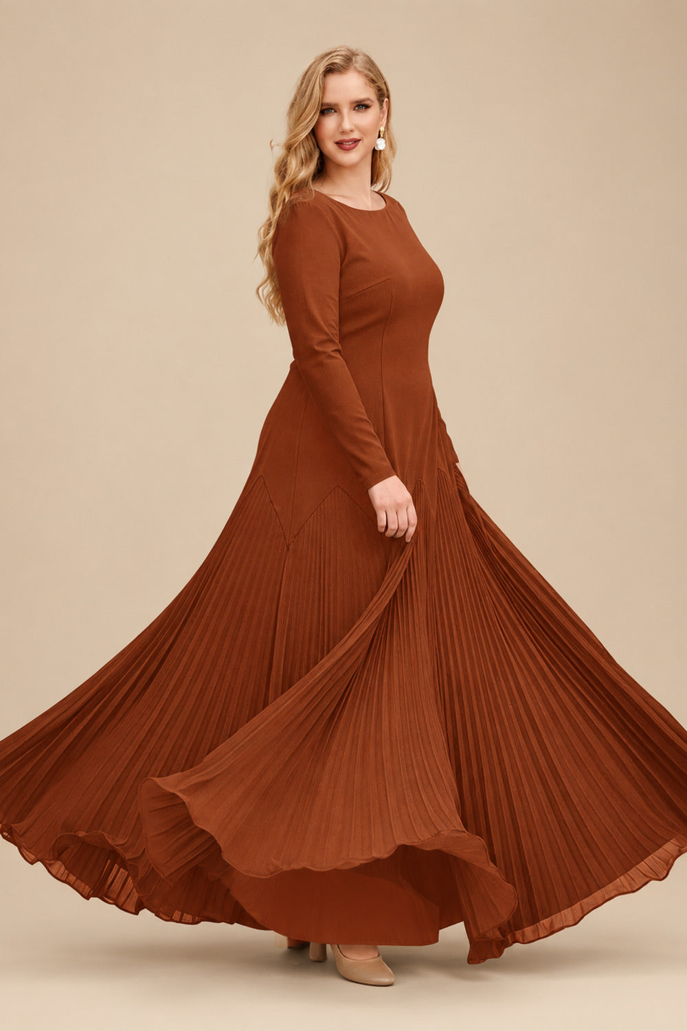 Rutipo Terracotta A-Line Pleated Long Sleeves Floor-Length Chiffon Mother Of The Bride Dresses