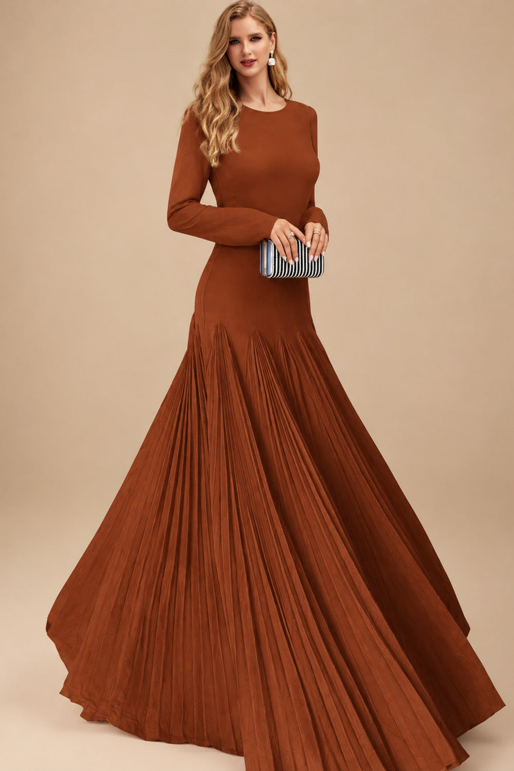 Rutipo Terracotta A-Line Pleated Long Sleeves Floor-Length Chiffon Mother Of The Bride Dresses