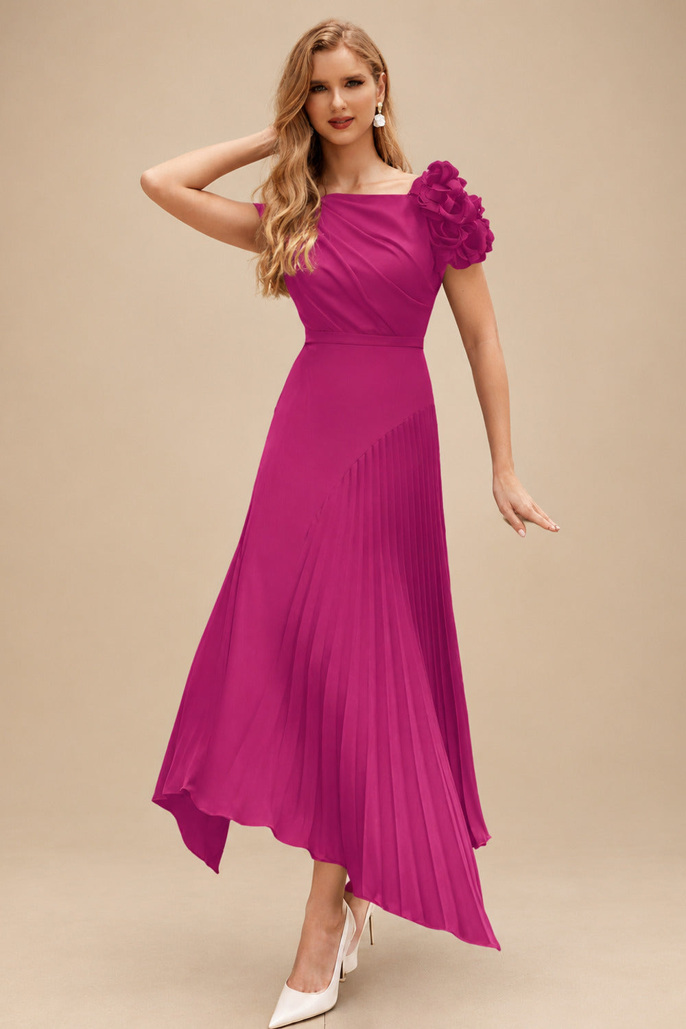 Rutipo Fuchsia A-Line Asymmetrical Stretch Chiffon Mother Of The Bride Dresses With Pleated/Flower(s)