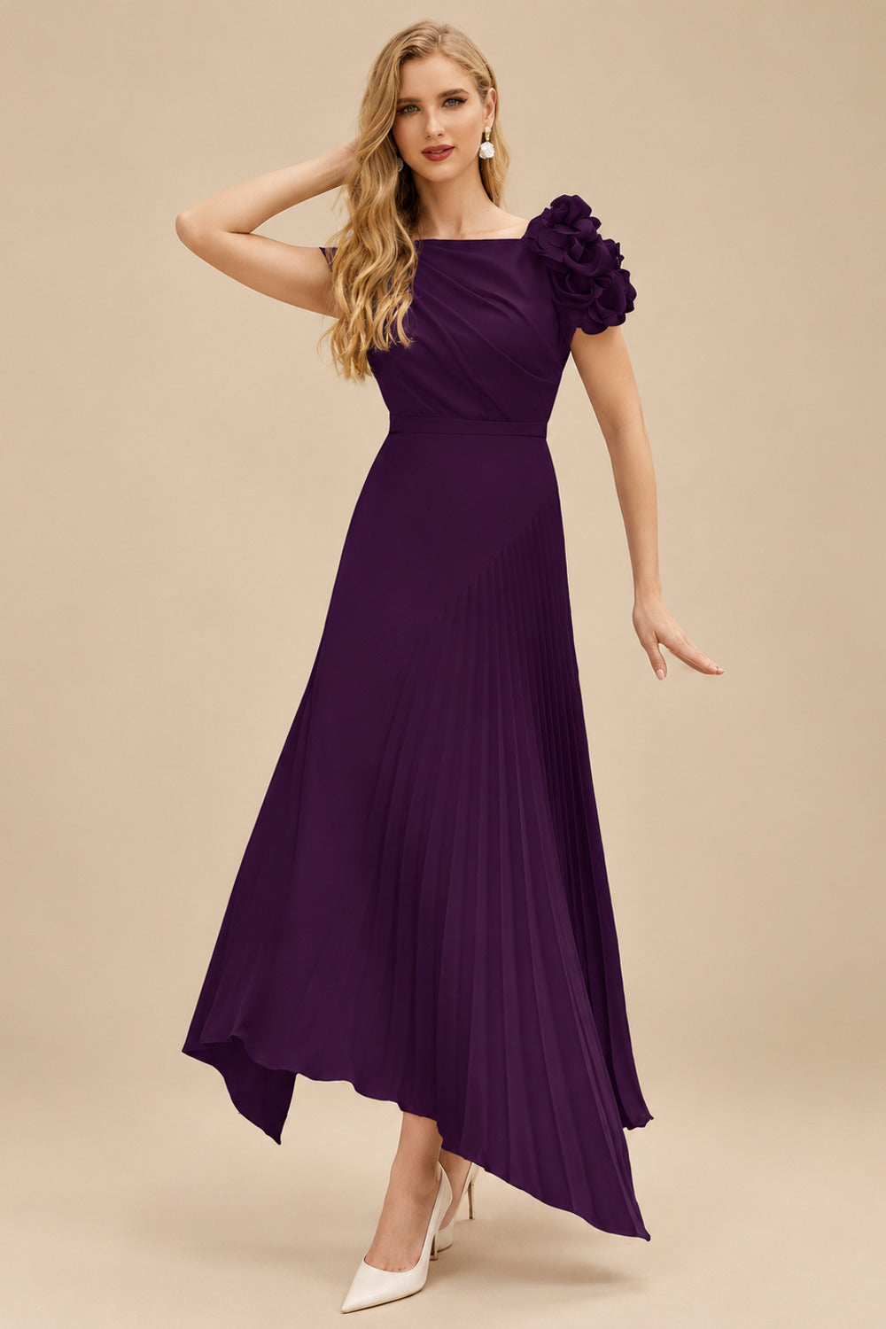 Rutipo Grape A-Line Asymmetrical Stretch Chiffon Mother Of The Bride Dresses With Pleated/Flower(s)