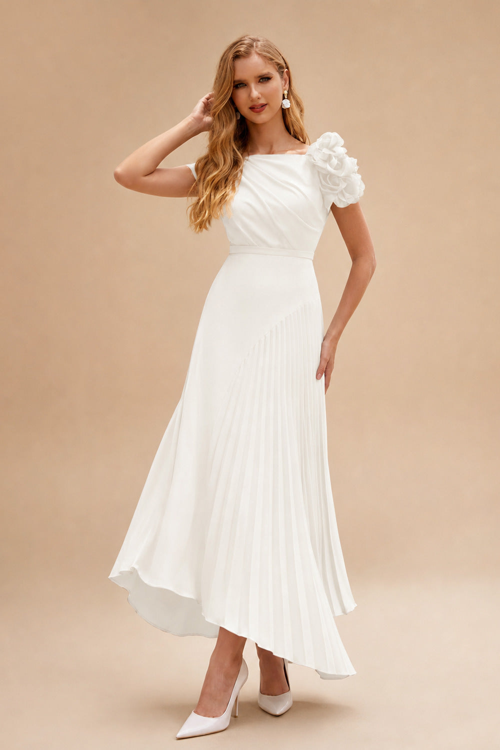 Rutipo Ivory A-Line Asymmetrical Stretch Chiffon Mother Of The Bride Dresses With Pleated/Flower(s)
