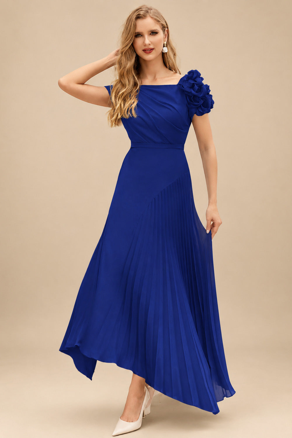 Rutipo Royal Blue A-Line Asymmetrical Stretch Chiffon Mother Of The Bride Dresses With Pleated/Flower(s)