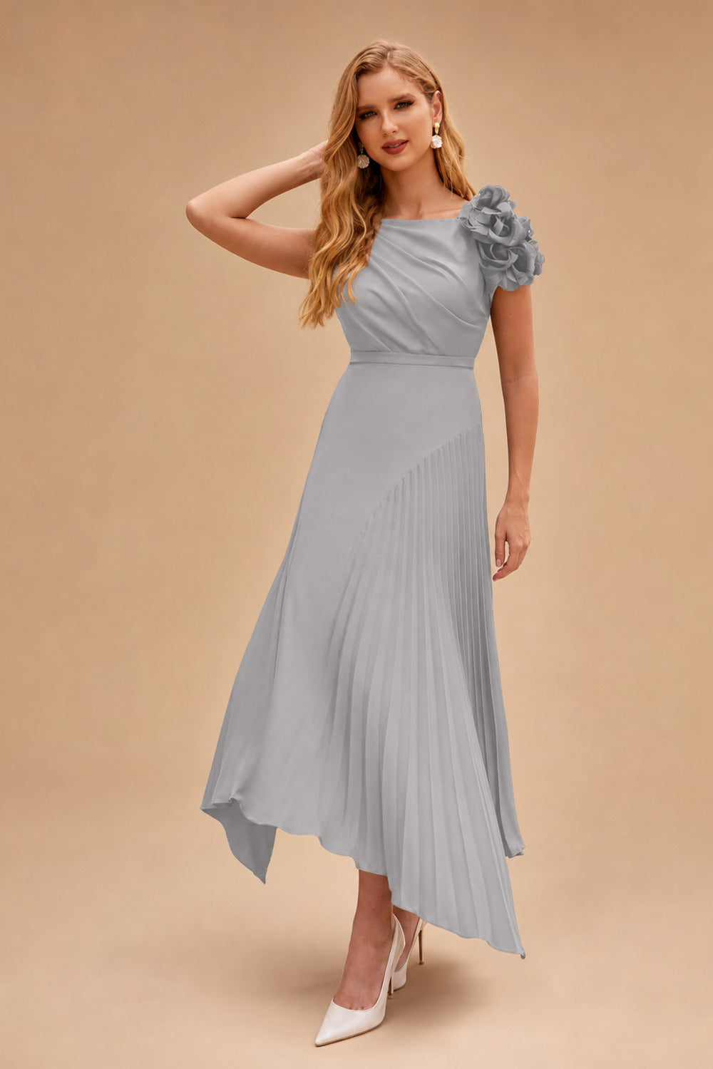 Rutipo Silver A-Line Asymmetrical Stretch Chiffon Mother Of The Bride Dresses With Pleated/Flower(s)