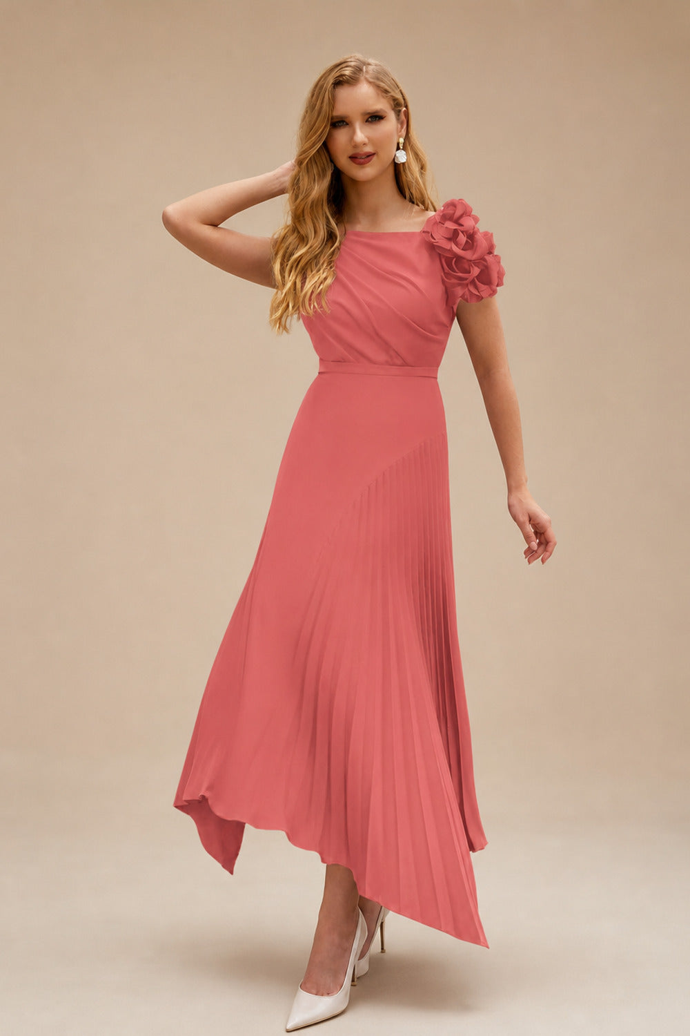 Rutipo Watermelon A-Line Asymmetrical Stretch Chiffon Mother Of The Bride Dresses With Pleated/Flower(s)