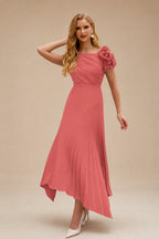 Rutipo Watermelon A-Line Asymmetrical Stretch Chiffon Mother Of The Bride Dresses With Pleated/Flower(s)