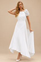 Rutipo White A-Line Asymmetrical Stretch Chiffon Mother Of The Bride Dresses With Pleated/Flower(s)