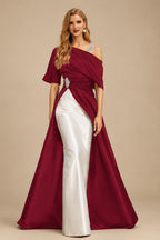 Rutipo Burgundy Unique Two Tone Asymmetrical Overskirt Crepe Satin Mother Of The Bride Dresses With Rhinestone