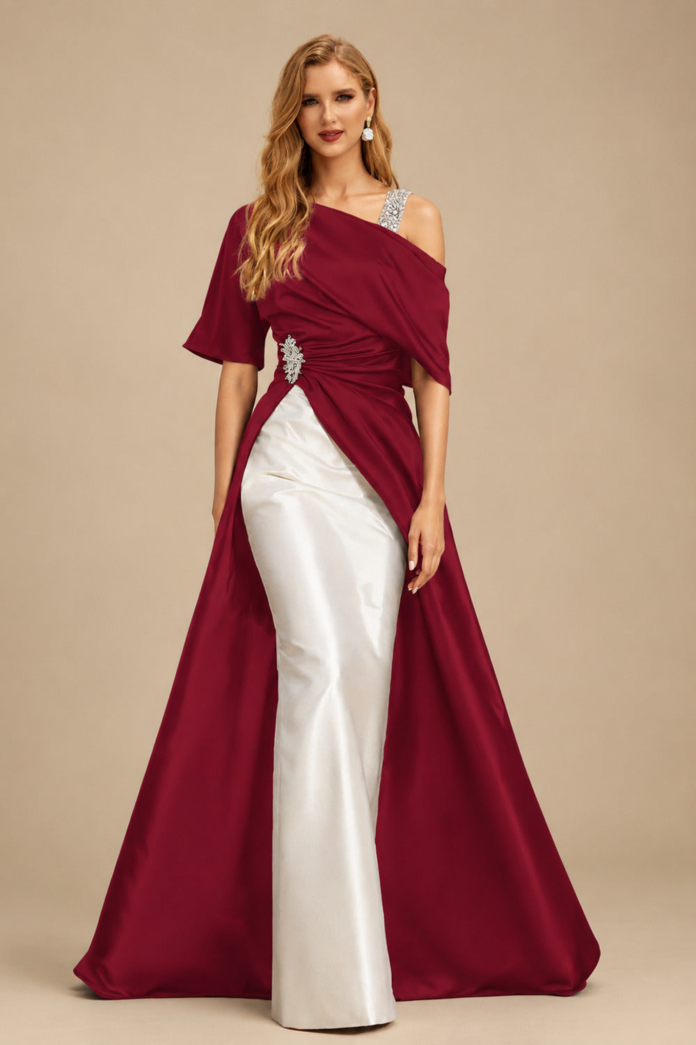 Rutipo Burgundy Unique Two Tone Asymmetrical Overskirt Crepe Satin Mother Of The Bride Dresses With Rhinestone