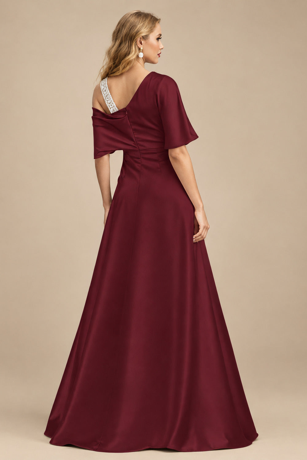 Rutipo Cabernet Unique Two Tone Asymmetrical Overskirt Crepe Satin Mother Of The Bride Dresses With Rhinestone
